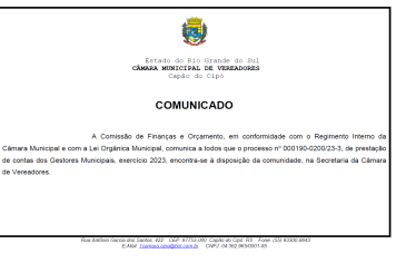 Comunicado sobre, prestação de contas dos Gestores Municipais, exercício 2023.